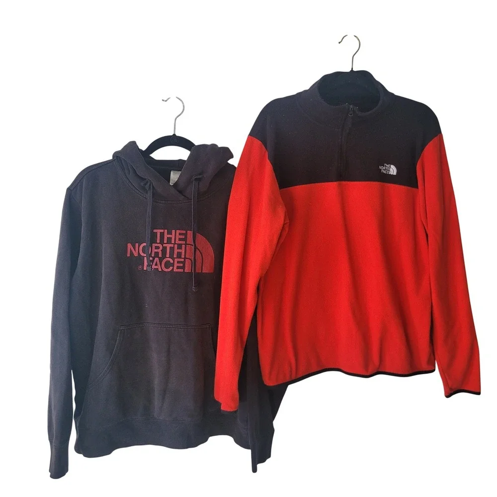 The North Face Mens Pullover Red Sweatshirts Fleece 3/4 Black Hoodie Size L